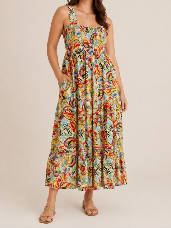 DD77 Dresses & Skirts - DD77 Tropical Print Smocked Tiered Pockets Maxi Dress Size Large Boho Resort